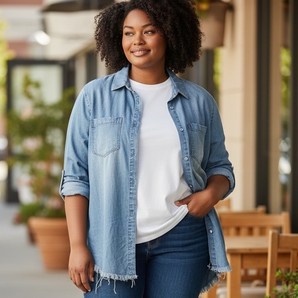 Linea Donna Tops - Linea Donna Women’s Blue Chambray Button-Down Shirt 2X, Raw Hem, 2 Front Pockets